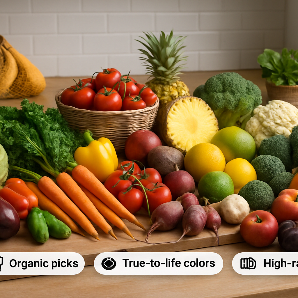 Colorful fresh fruits and vegetables on a kitchen table